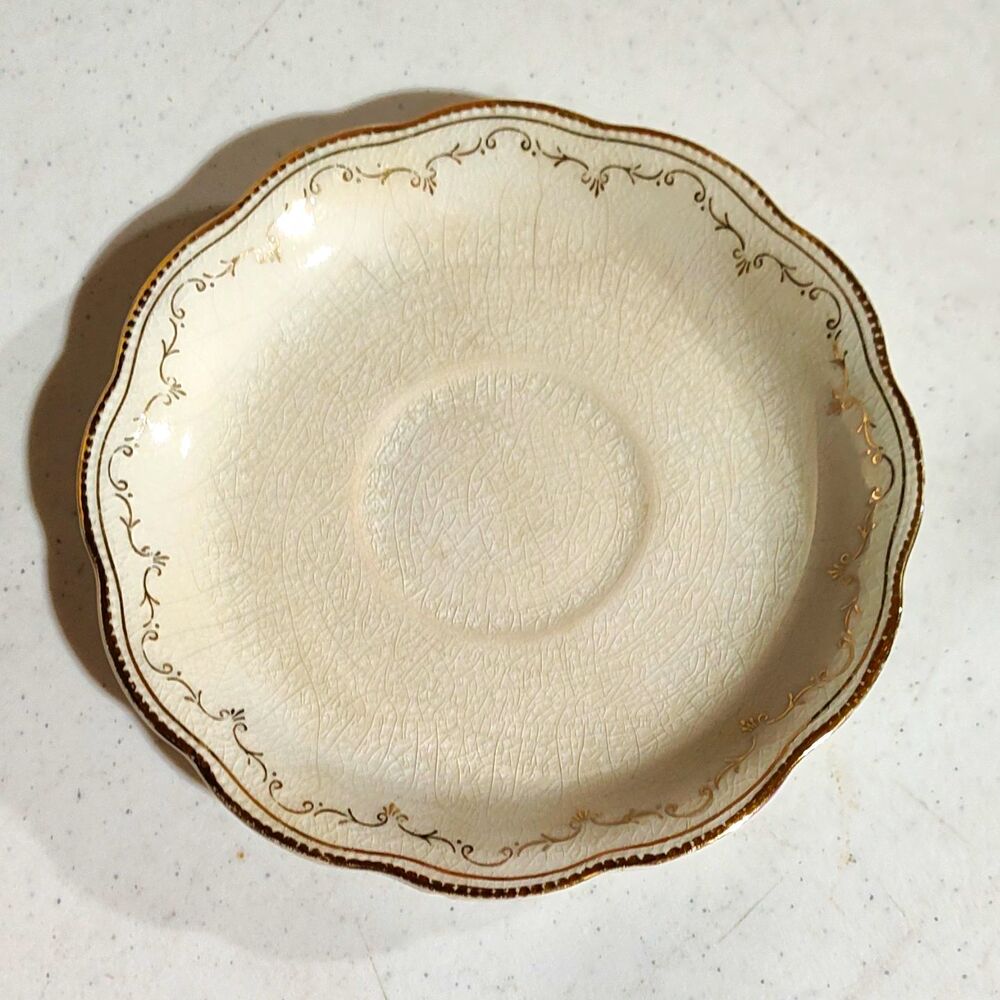 Cream Scalloped Ceramic Saucer, Decorated Glossy Finish, Gold Trim